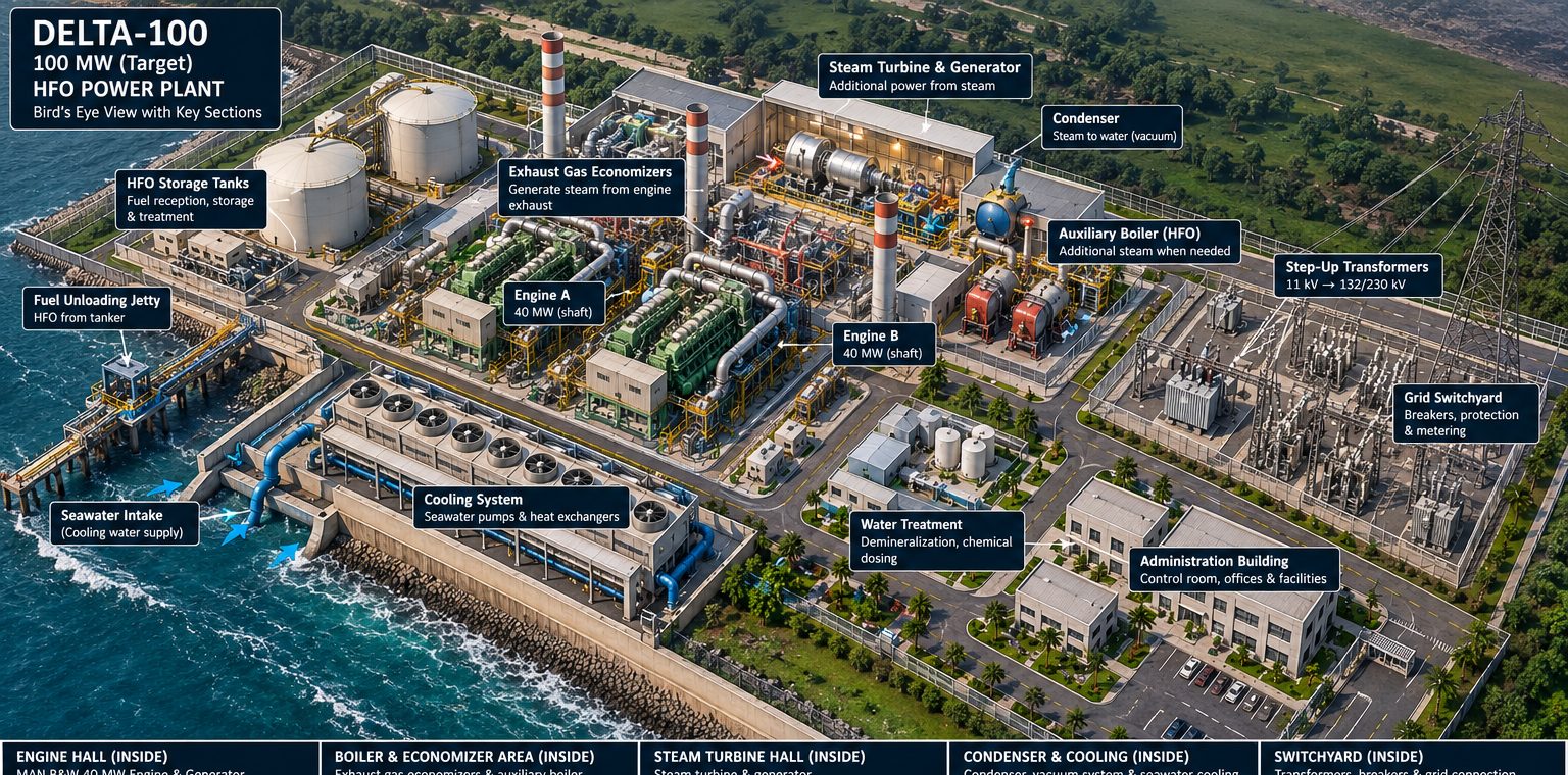 Bird's-eye view with key sections named, including fuel jetty, boilers and administration