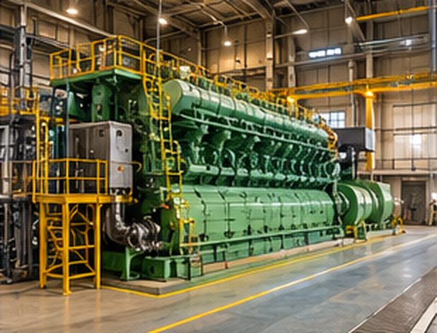Concept view of a large green two-stroke marine engine coupled to a generator
