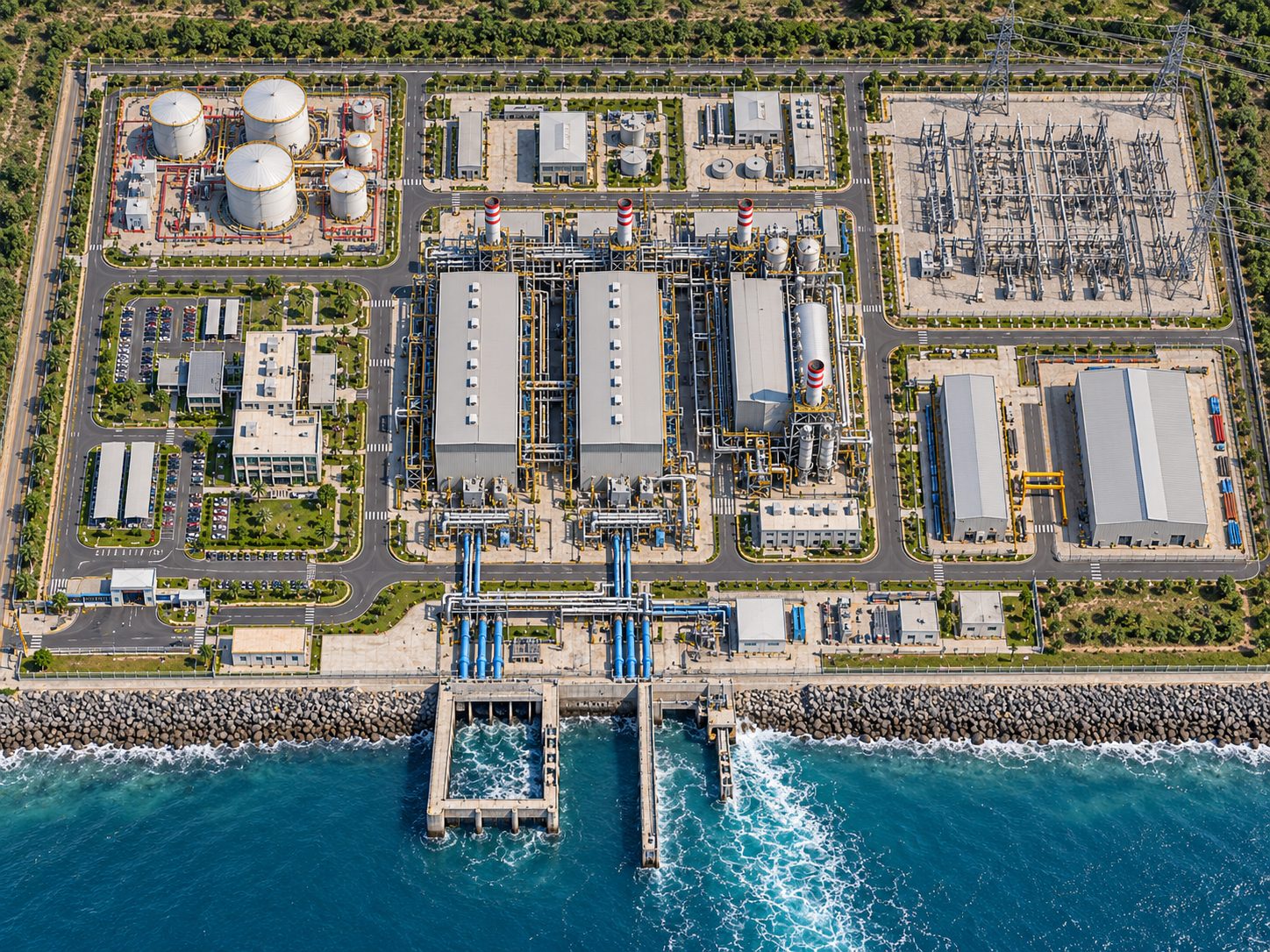 Concept top-down plan of the plant: tank farm, engine halls, switchyard and seawater intake